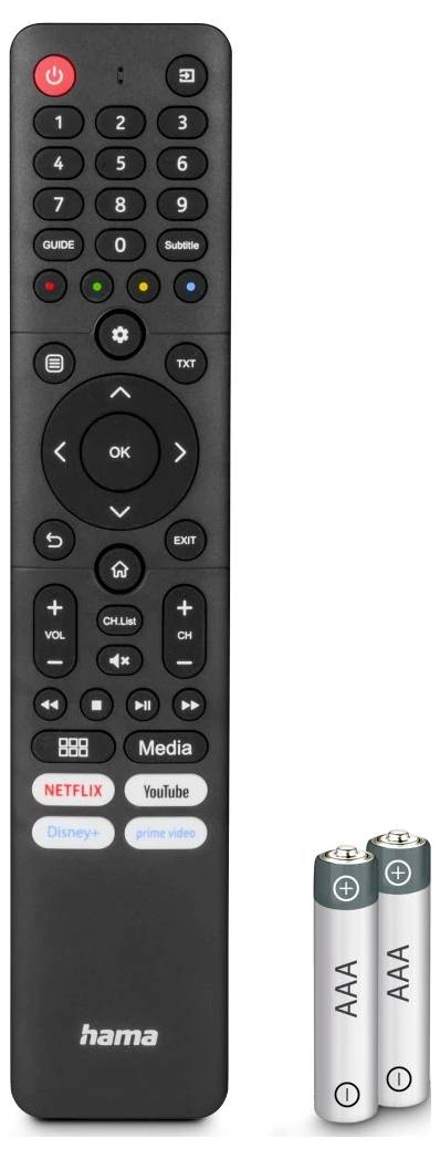 A Black Hama TV távirányító két AAA elemmel mellett látható, Netflix, YouTube, Disney+ és Prime Video streamelő alkalmazás gombokkal.