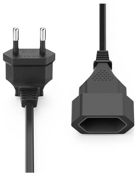 Fekete kétágú elektromos dugó csatolt kábellel, elölnézetből és szögezett oldalnézetből fehér háttéren.