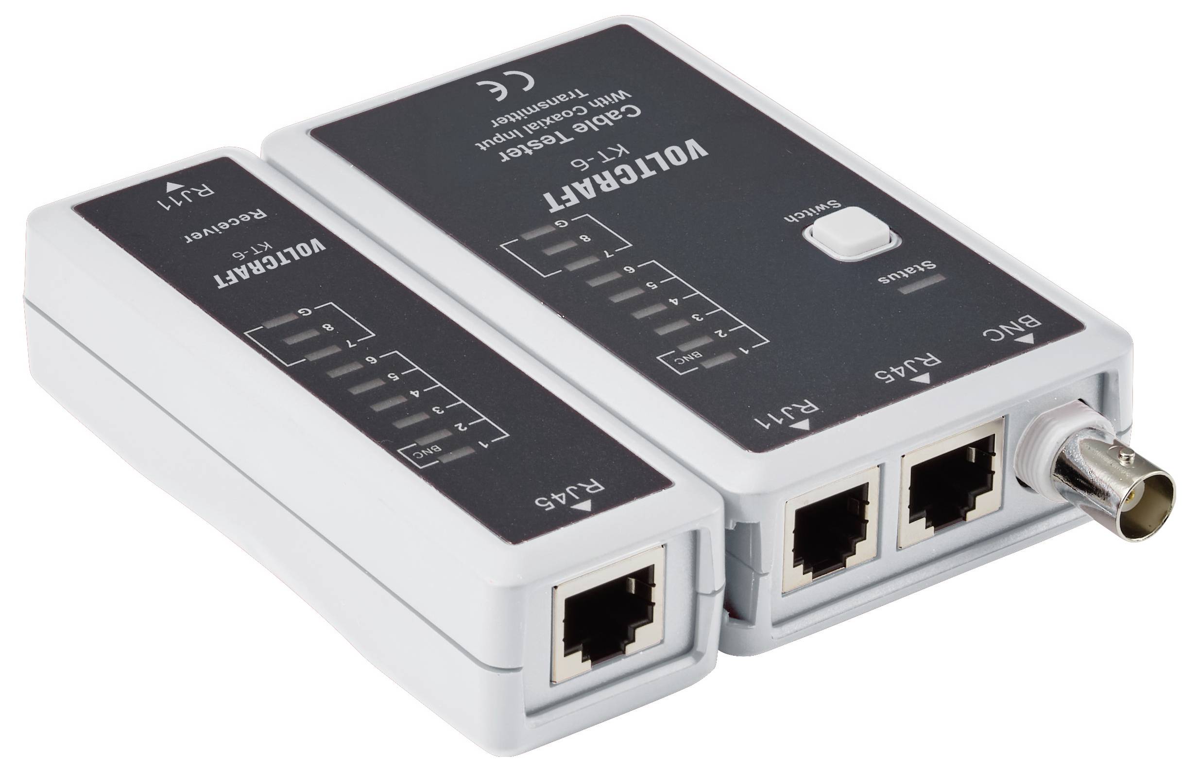 Két fehér VOLLGRAFT hálózati vonalteszter egység RJ45 portokkal, állapot LED-ekkel és egy BNC csatlakozóval, fehér háttéren látható.