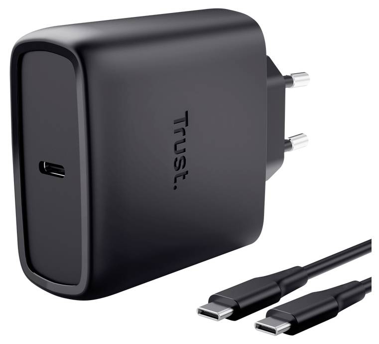 Fekete Trust USB fali töltő európai csatlakozóval és két USB-C kábellel