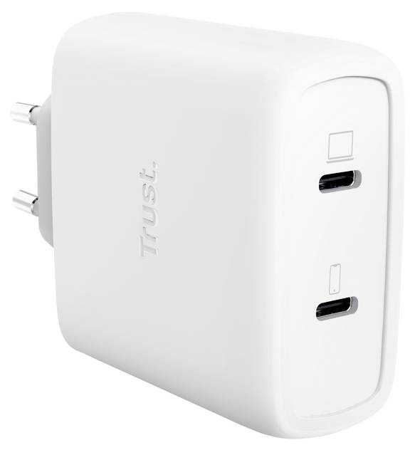 Fehér Trust fali töltő két USB-C porttal és európai csatlakozó szárnyakkal.