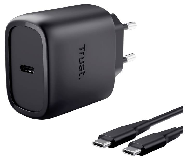 Black Trust power adapter with USB-C port and detachable USB-C cable shown on a white background.<br><br>Fekete Trust hálózati adapter USB-C porttal és leválasztható USB-C kábellel, fehér háttéren.