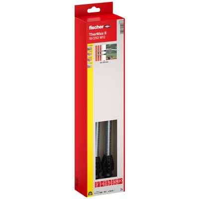 A Fischer TherMax II 16/25 M12 rögzítési készlet csomagolásának képe, piros doboz két fekete falitámaszval látható az alján.