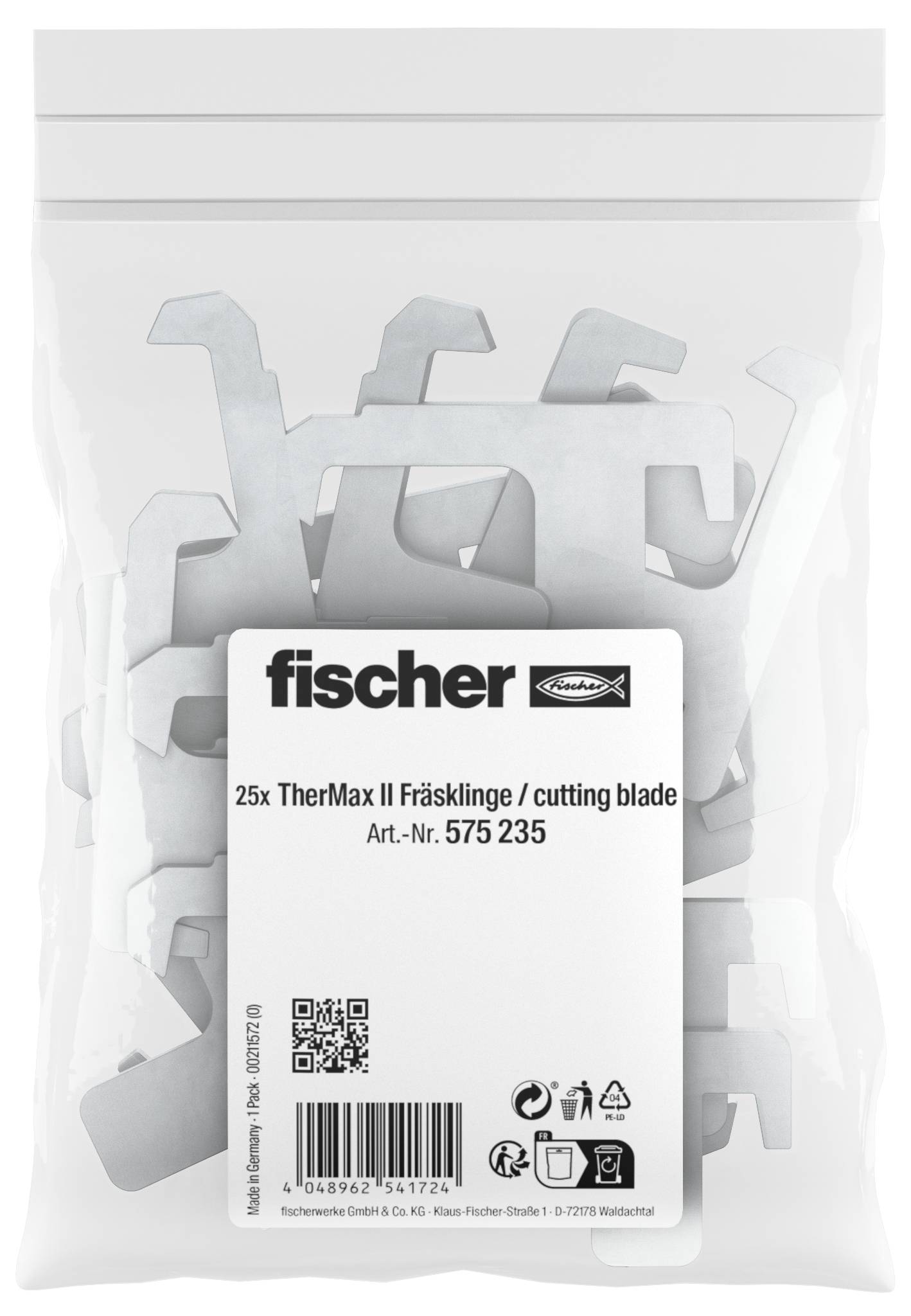 Fischer 25x TherMax II vágólap tasak, termékcímkével, látható QR-kóddal és vonalkóddal