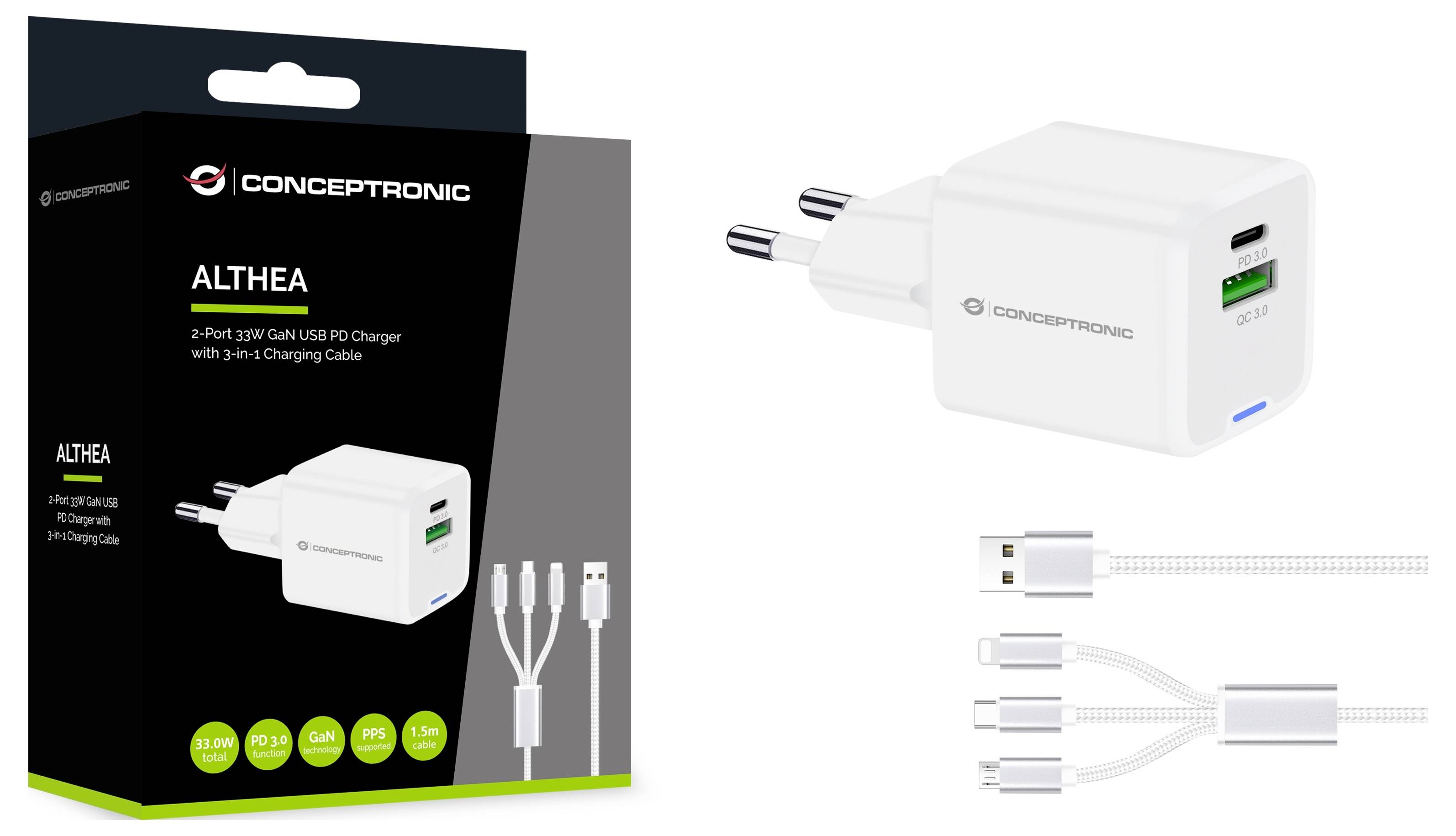 Conceptronic ALTHEA16W 2-Port 33W GaN USB PD Charger USB-s töltőkészülék 33 W USB-A, USB-C® Fehér-2