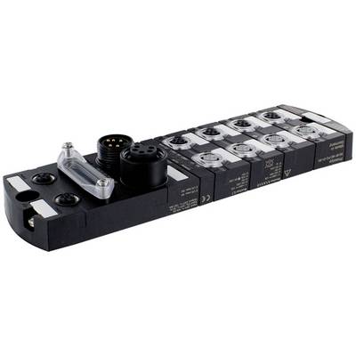 Ipari pneumatikus szelep elosztócső több sorozatosan csatlakoztatott elektromágneses szelep modullal, fehér háttéren megjelenítve.