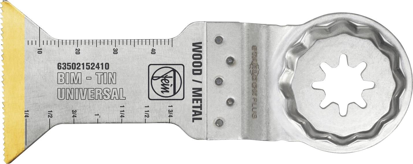 BIM-TON univerzális rezgő fűrészlap vonalzó jelölésekkel és kerek fémes vágófejjel, „WOOD / METAL" felirattal.