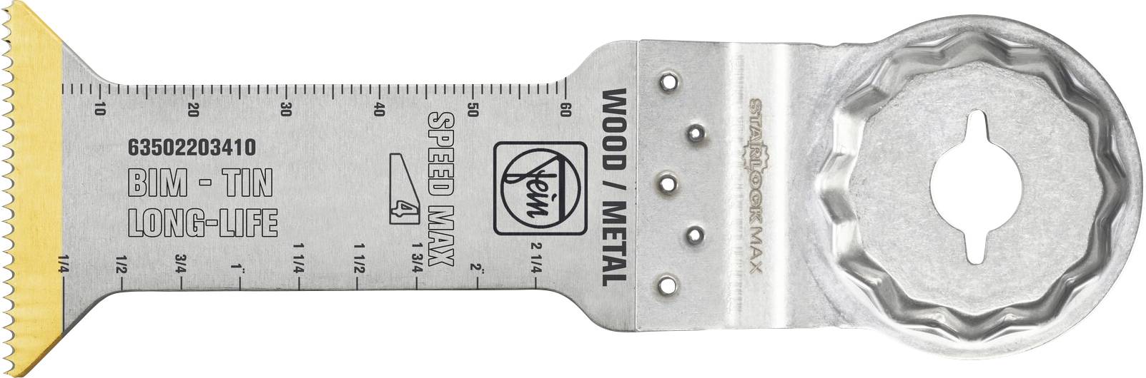 Multifunkciós oszcilláló fűrészlap ezüst fém testtel, amely "BIM-TIN LONG-LIFE" és "WOOD/METAL" felirattal ellátott, fehér háttéren megjelenítve.