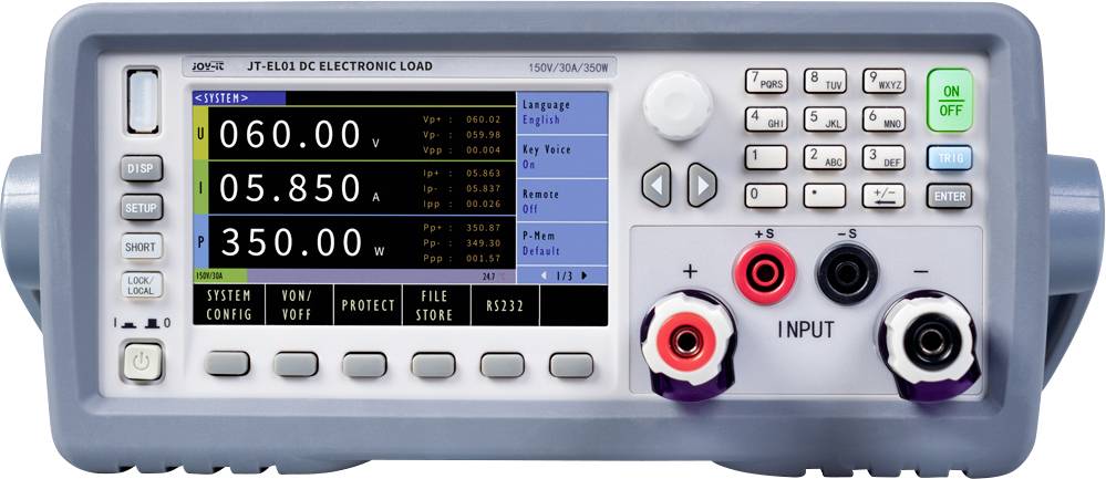A JF-E01 DC elektronikus terhelés előlapja digitális kijelzővel, vezérlőgombokkal, billentyűzettel és piros/fekete bemeneti csatlakozókkal.
