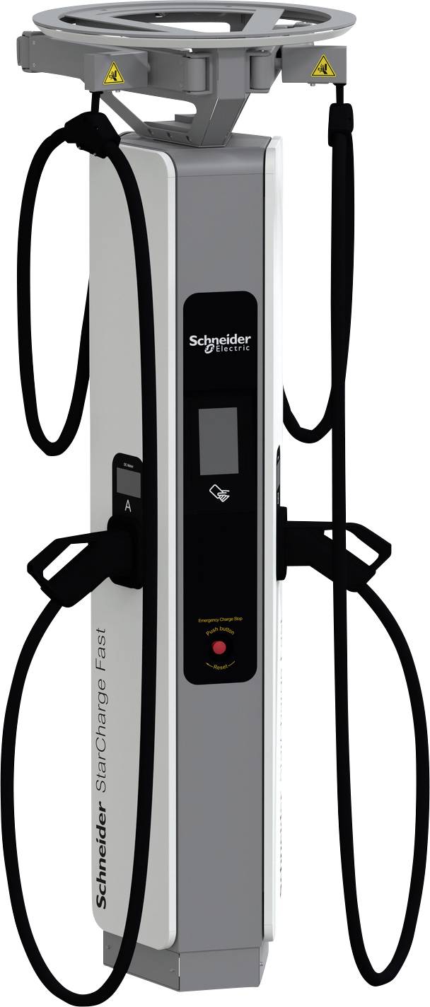 Schneider Electric elektromos autó töltőállomás két függő töltőkábellel és egy központi állapot-/vezérlőpanellel.