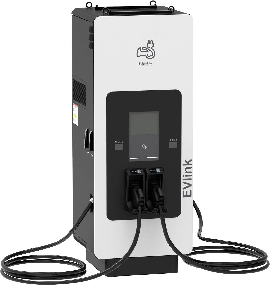 Schneider Electric EVlink elektromos járműtöltő állomás két töltőcsatlakozóval és csatlakoztatott vezetékekkel.