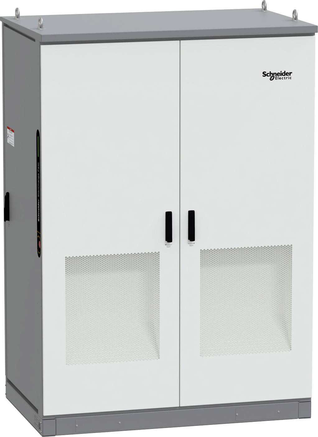 Fehér Schneider Electric elektromos szekrény dupla ajtóval, szellőztetett alsó panelekkel és szürke oldalakkal.