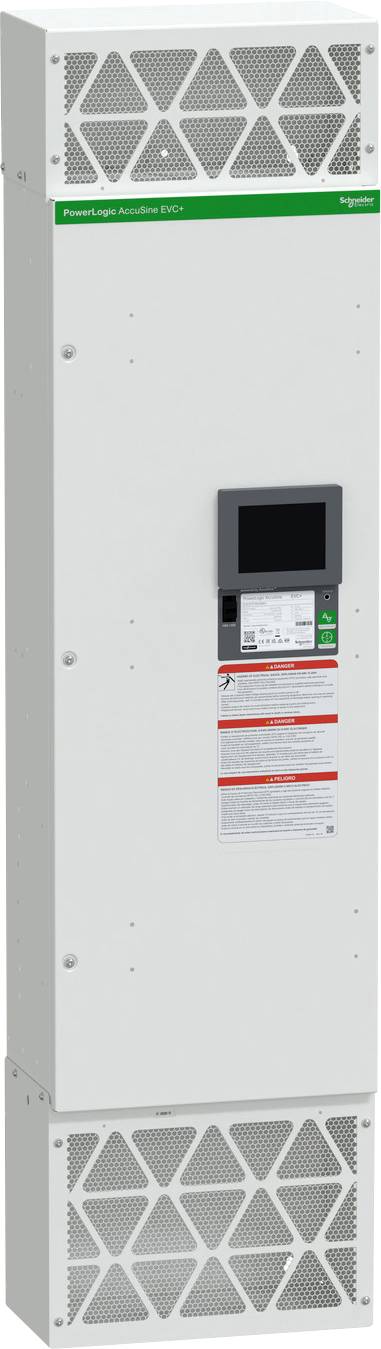 Egy magas fehér Schneider Electric berendezésszekrény elölnézete szellőzési rácsokkal és egy kis kijelző/vezérlőpanellel az elején.