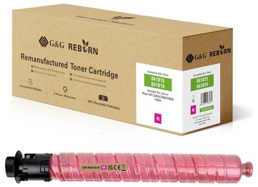 G&G REBORN felújított toner patron doboz rózsaszín patronnal az alábbiakban, amely a 841815 és 841819 kompatibilis kódokra van jelölve.