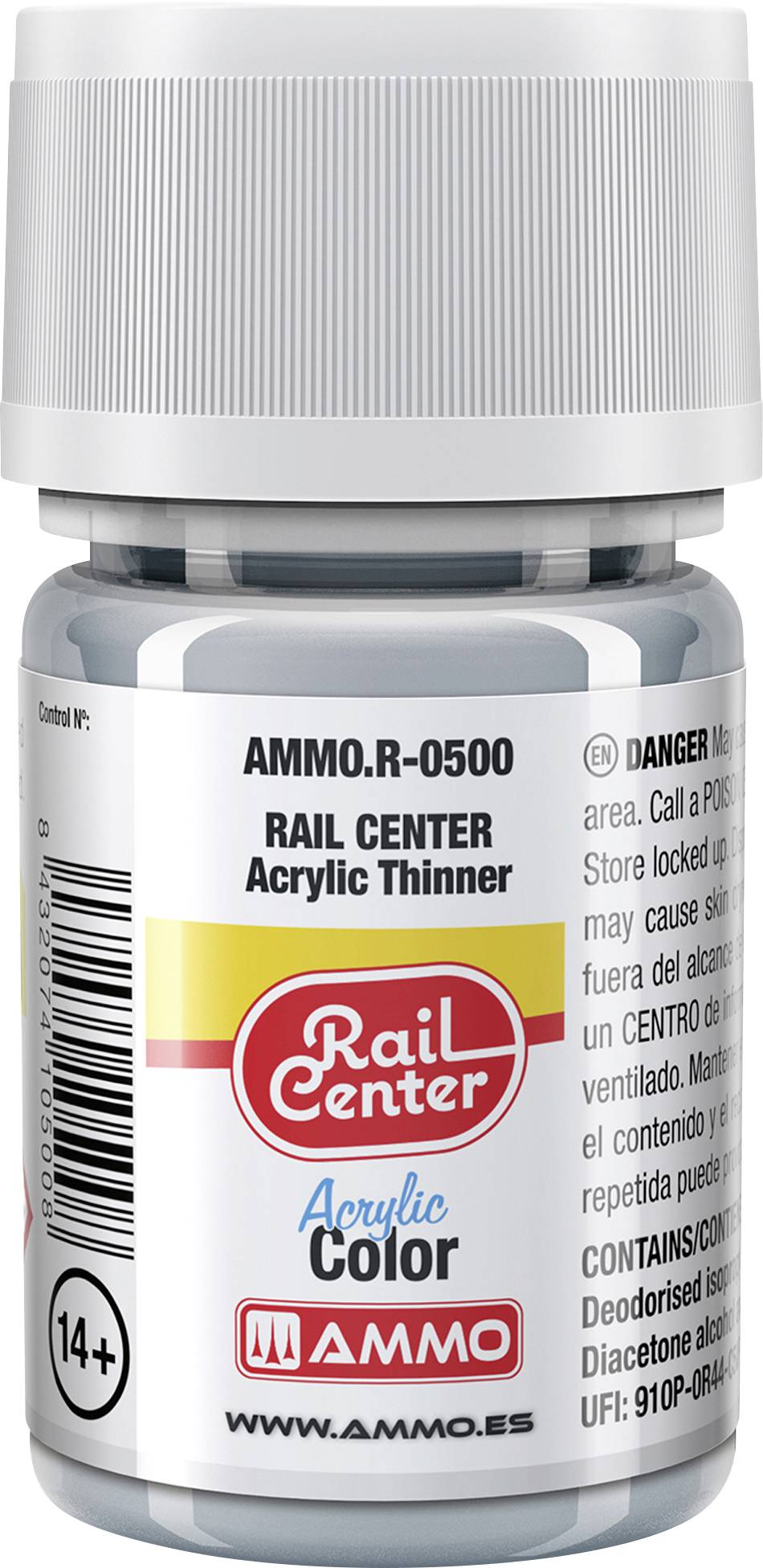 Rail Center akrilfesték hígító palacka, amely „AMMO.R-0500", „VESZÉLY" és „Akrilfesték" felirattal rendelkezik, fehér kupakkal és piros Rail Center logóval.