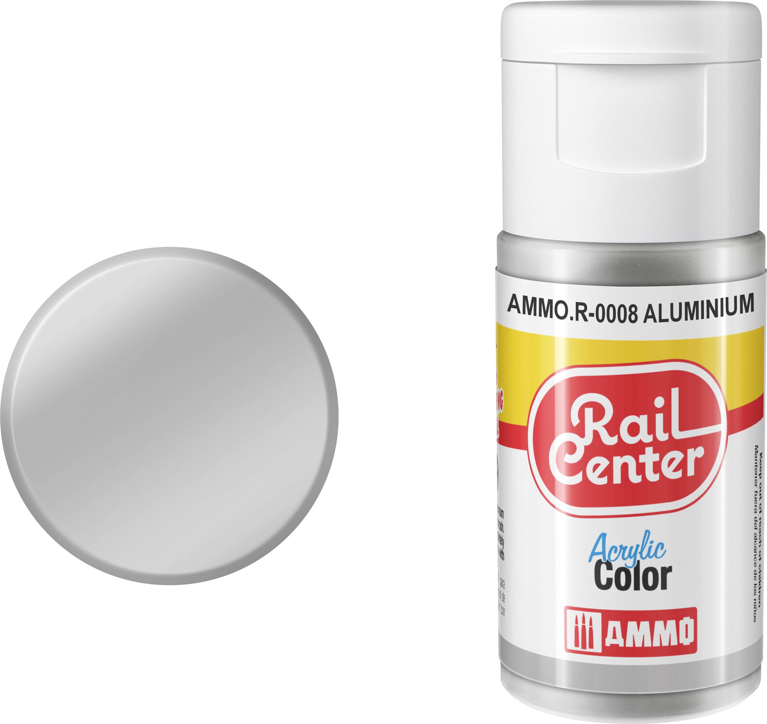 Rail Center akrilcolor festékkonzerv, amely "AMMO.R-0008 ALUMINIUM" felirattal van ellátva, mellett egy festett szürke mintakör látható.