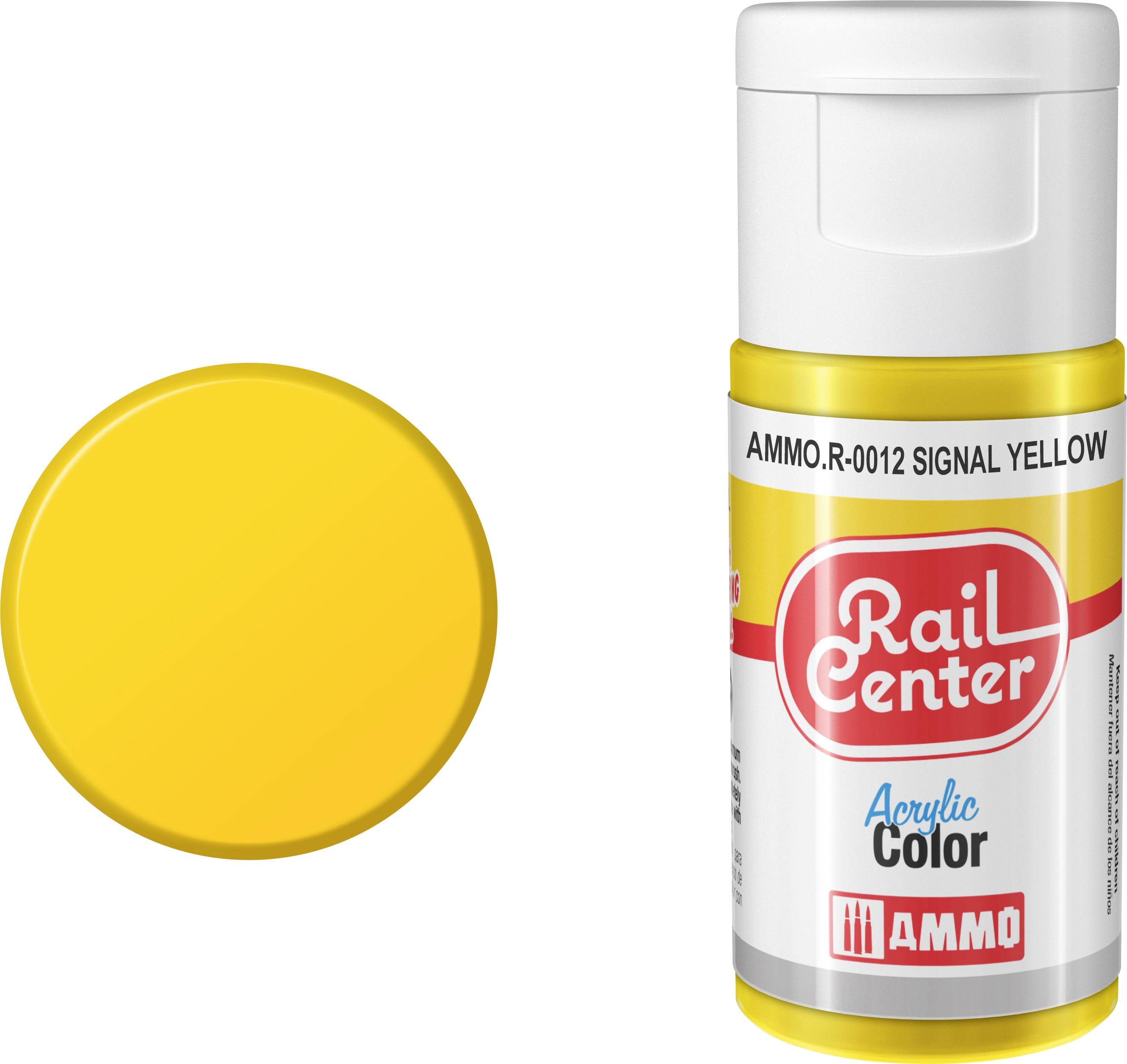 Sárga festékpaletaminta egy "Rail Center" és "Acrylic Color" címkéjű festékpalack mellett, szín kód: AMMO.R-0012 Signal Yellow.