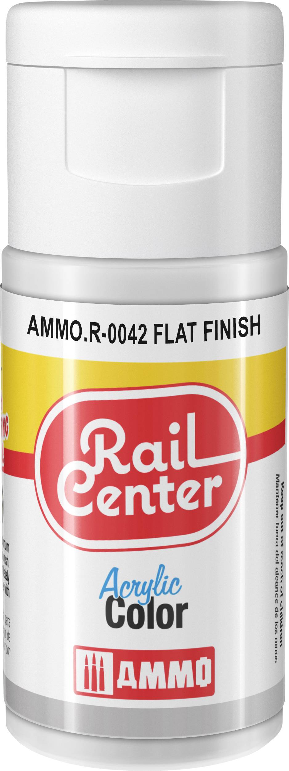 Fehér festékflacon az "AMMO R-0042 FLAT FINISH" felirattal és "Rail Center Acrylic Color" szöveggel, piros Rail Center logóval.