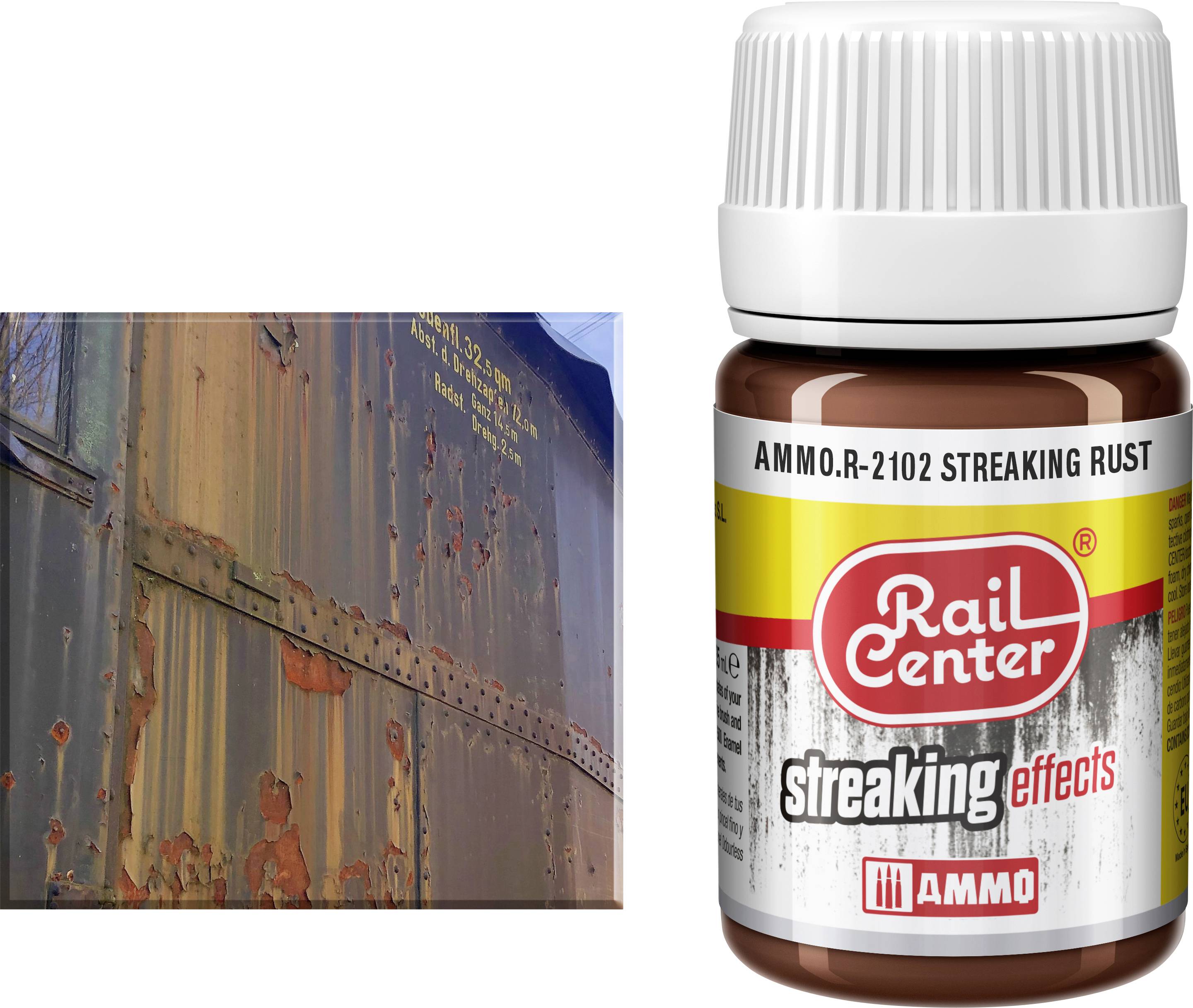 Rail Center "Streaking Rust" (Csíkozódó Rozsda) festékflakonflakon egy rozsda-csíkozódott fémfelület mellett, amely az általa létrehozott hatást mutatja.