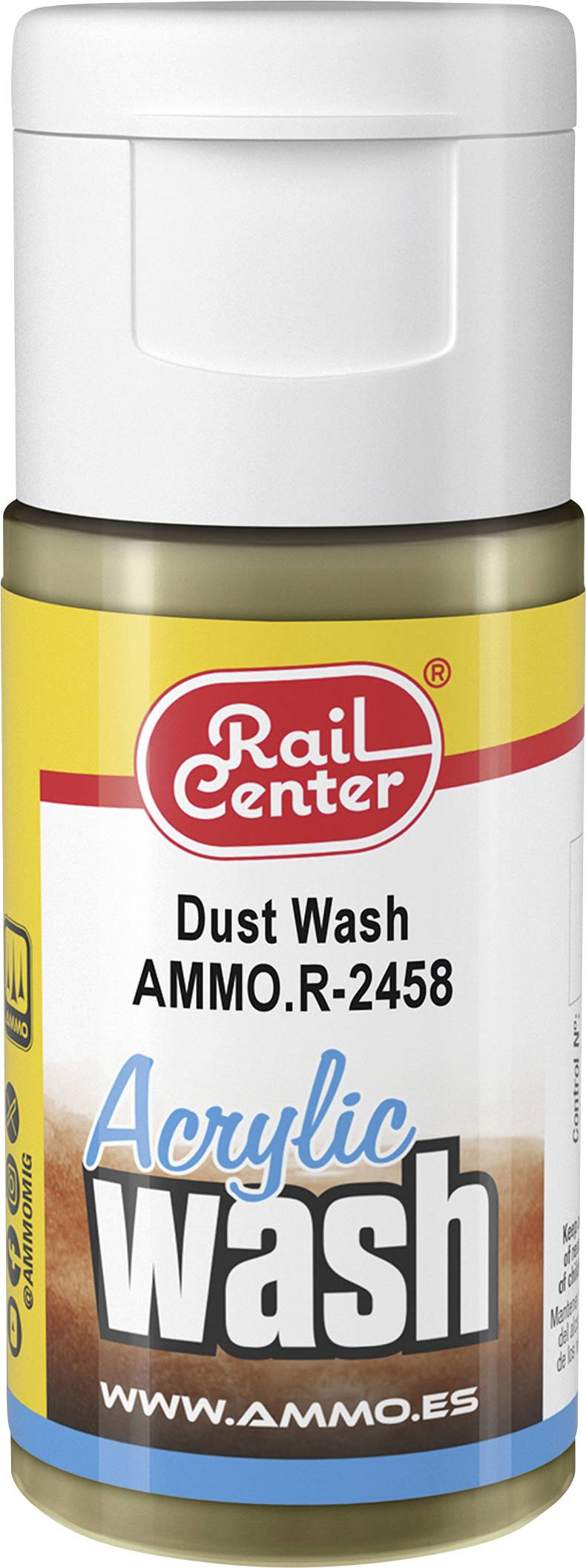 Egy Rail Center "Dust Wash" festékflacon akrilic patinázáshoz, az AMMO.R-2458 jelöléssel és "Acrylic Wash" felirattal, valamint a www.ammo.es weboldallal.