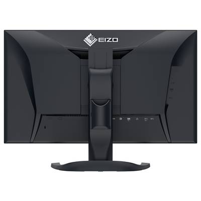 Fekete EIZO számítógép-monitor hátsó nézete állítható állvánnyal és középen elhelyezett logóval a hátuljában.