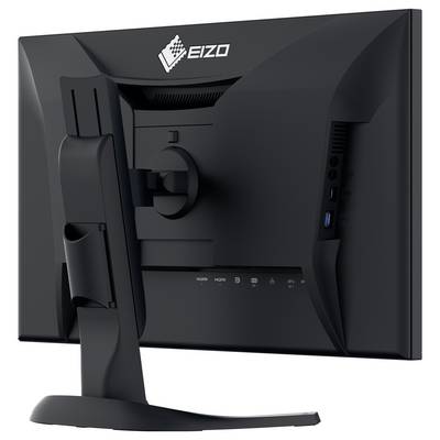 Egy fekete EIZO számítógép monitor hátsó nézete állványon, amely megjeleníti annak rögzítését, portjait és ívelt hátlap tervét.