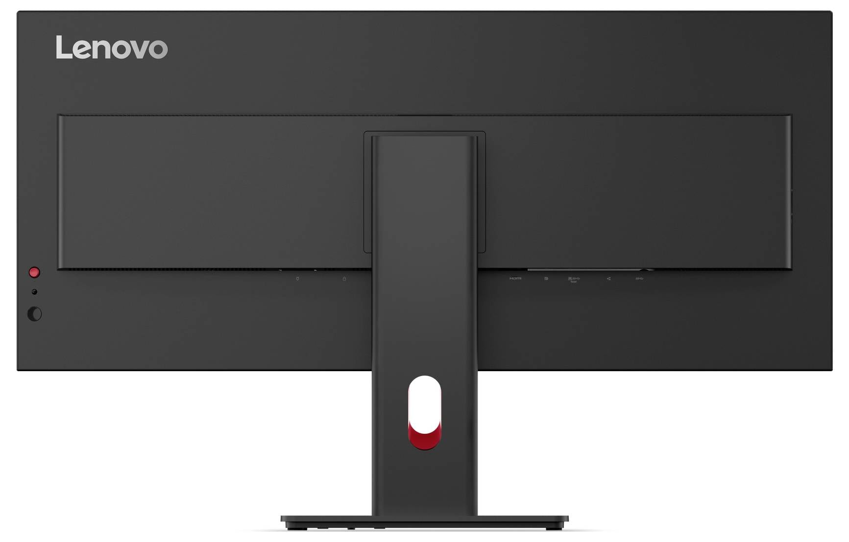 Egy Lenovo szélesvásznú monitor hátulja, központi állvánnyal és egy kis piros tápellátási kijelzővel a bal oldalon.
