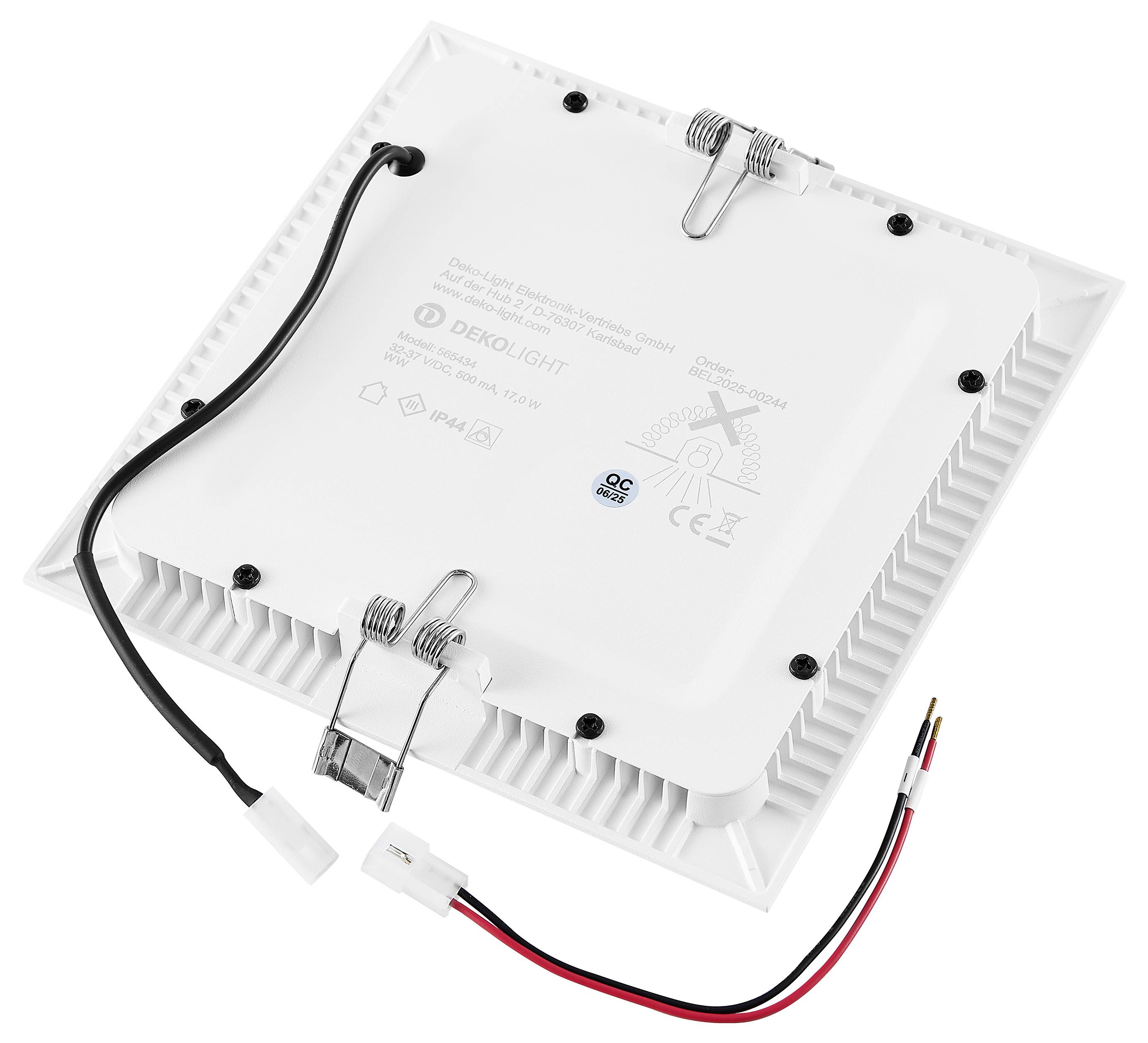 Fehér négyzet alakú LED panel lámpa hátsó hűtőbordákkal, szerelési klipszekkel és csatolt tápkábellel csatlakozóval.