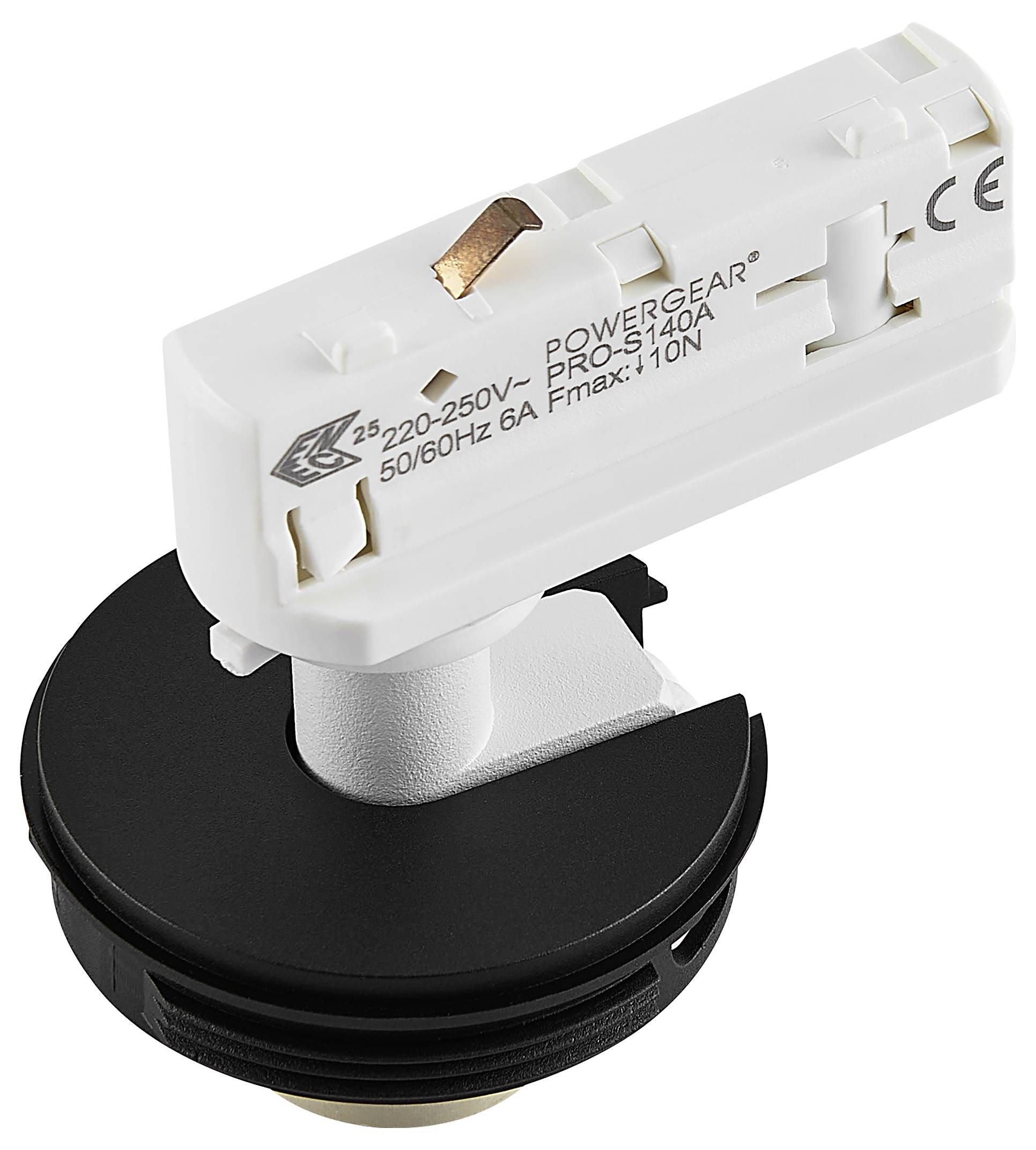 Fehér elektromos sínlámpa adapter a "POWERGEAR PRO-S140A" felirattal, fekete kerek alapra szerelve.