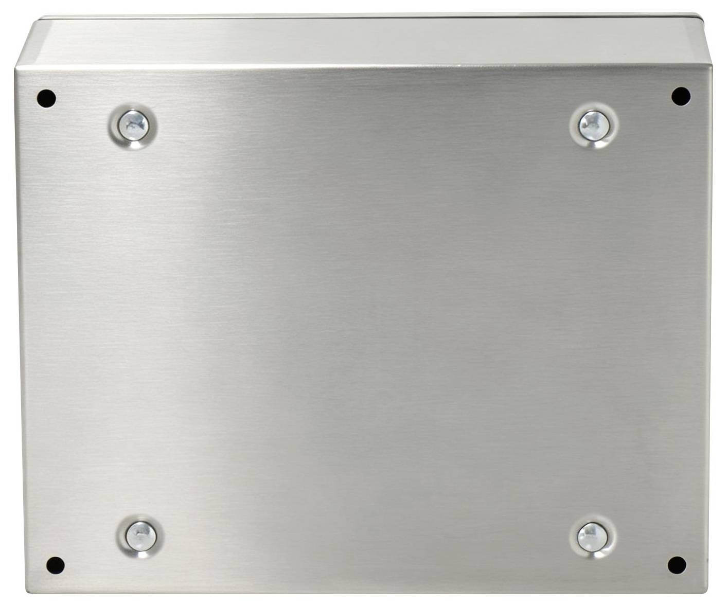 Fém kefélésű fallemez vagy fedlap négy látható csavarral és sarokba szerelhető lyukakkal, elölnézetből fehér háttéren mutatva.