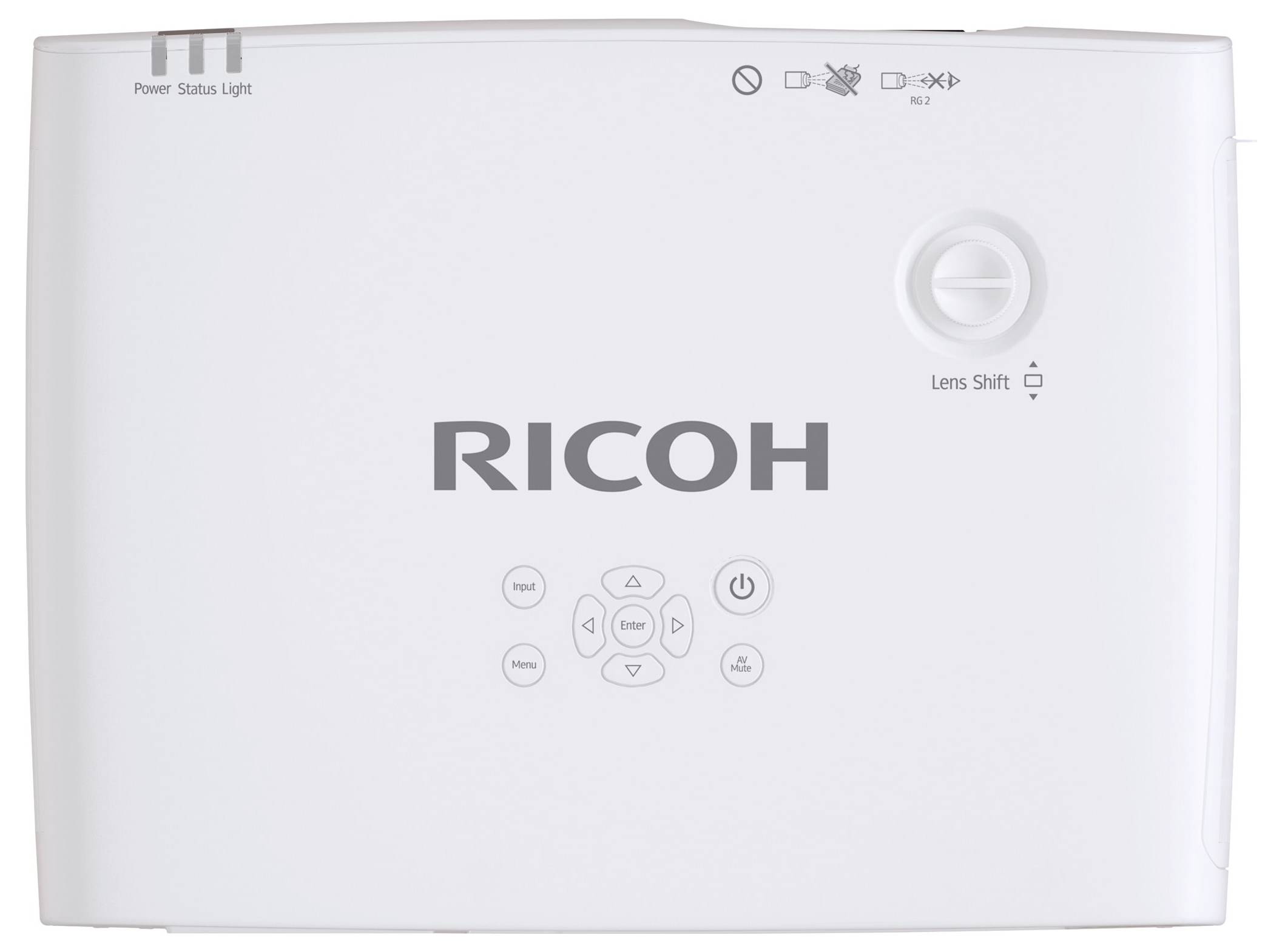 Egy fehér Ricoh projektor elölnézete, amely megjeleníti az áram/állapot jelzőfényt, a vezérlőgombokat és a lencseeltolás tárcsáját.