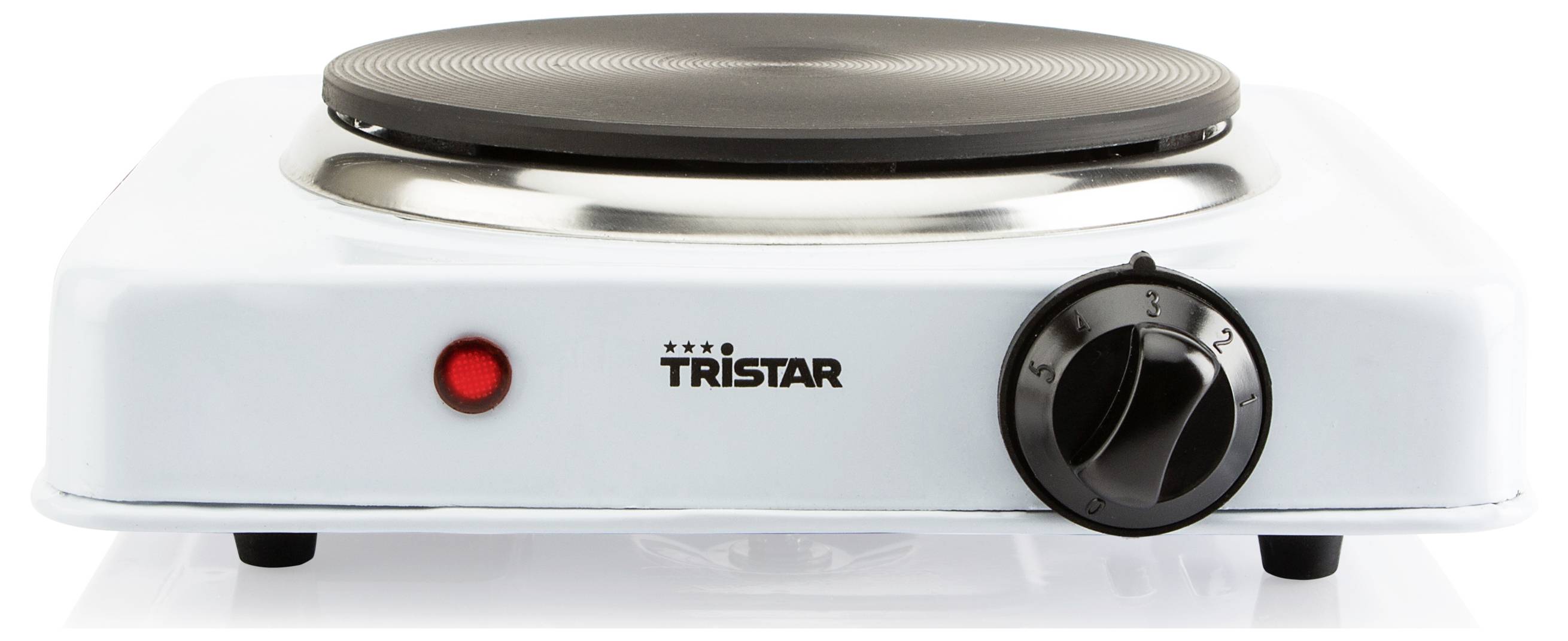 Fehér Tristar elektromos melegítőlap fekete spirálbetéttel, piros jelzőfénnyel és számozott szabályozógombbal fehér háttéren.