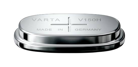 Ezüst VARTA V150H újratölthető elemcella, amelynek felületén „Made in Germany" felirat található.
