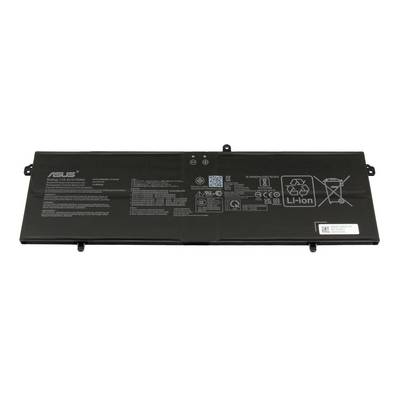 Fekete ASUS laptop akkumulátor csomag címkékkel és Li-ion újrahasznosítási szimbólumokkal fehér háttéren.