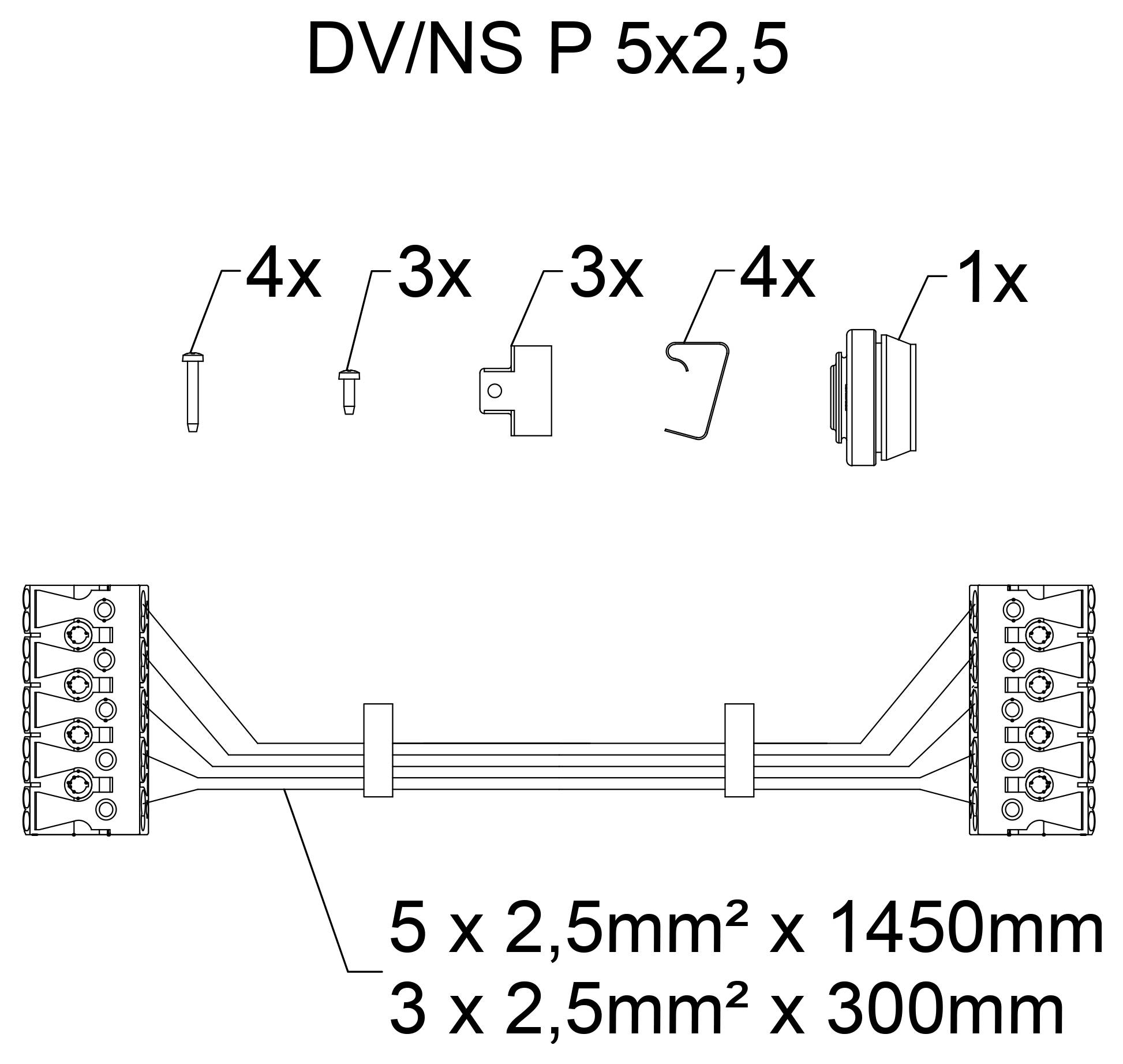 Bekötési rajz a „DV/NS P 5x2,5" típushoz, amely a szükséges alkatrészeket és a kábel szerelést mutatja: 4x, 3x, 3x, 4x és 1x komponens, valamint két terminálblokk, amelyeket 5 x 2,5 mm² x 1450 mm és 3 x 2,5 mm² x 300 mm kábellel kötnek össze.