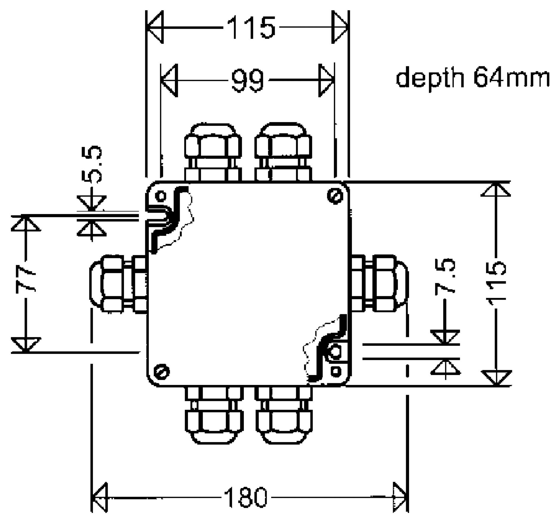 Négyzetalakú elektromos elosztódoboz műszaki méretezettrajza csatlakozókkal, 115 mm széles, 180 mm teljes hosszúság és 64 mm mélység jelöléssel.
