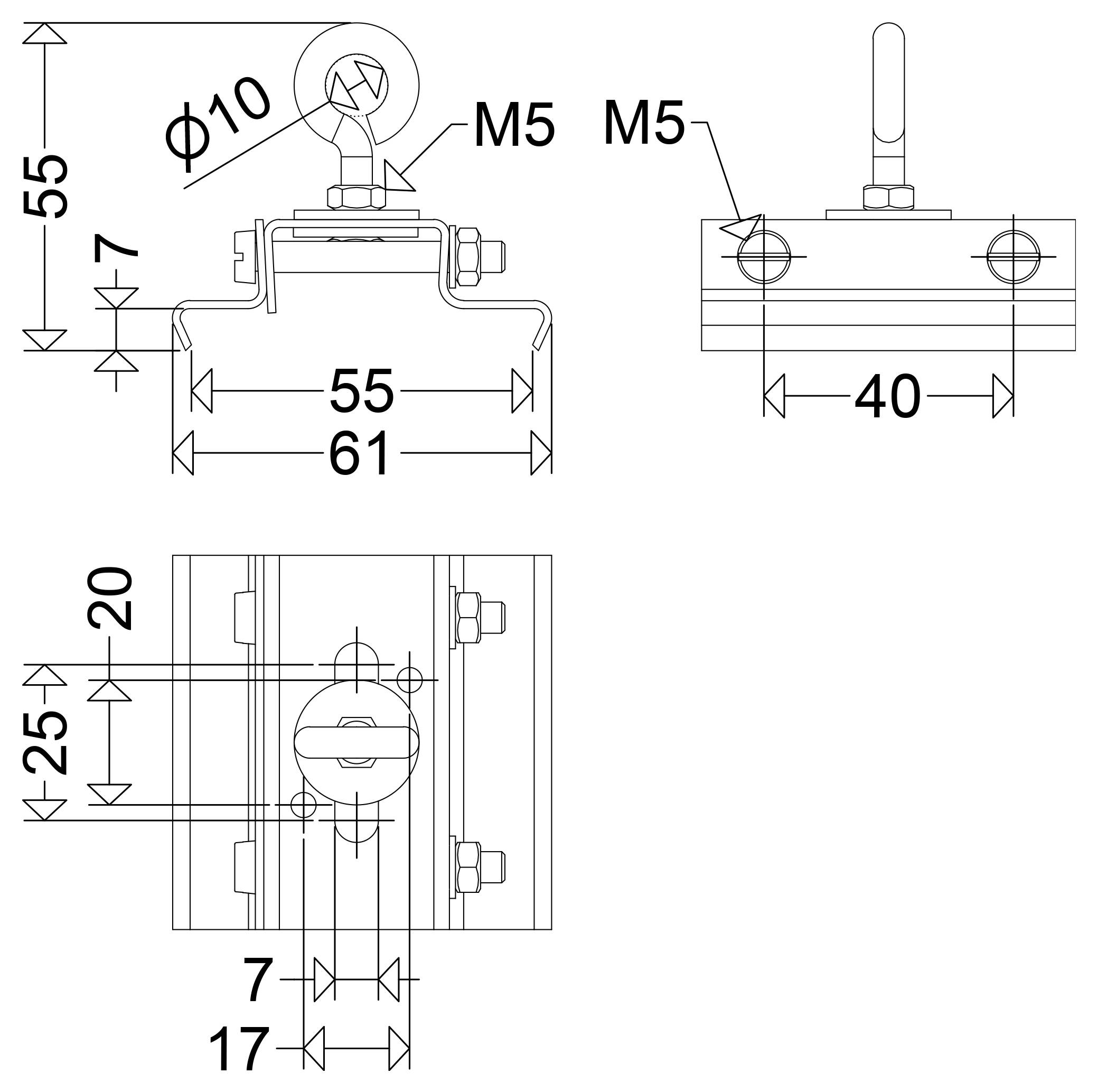 Fém bilincs vagy szerelési konzol műszaki méretrajza, amely elölnézetet, oldalnézetet és felülnézetet mutat, 61 mm szélesség, 55 mm magasság, 40 mm távolság és M5 valamint φ10 lyuk jelöléseket tartalmazó méretezéssel.