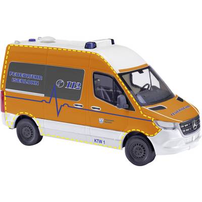Narancssárga és fehér mentőautó az "FEUERWEHR ISERLOHN" és "112" felirattal, tetején kék villogóval, az oldalán "KTW 1" megjelöléssel.