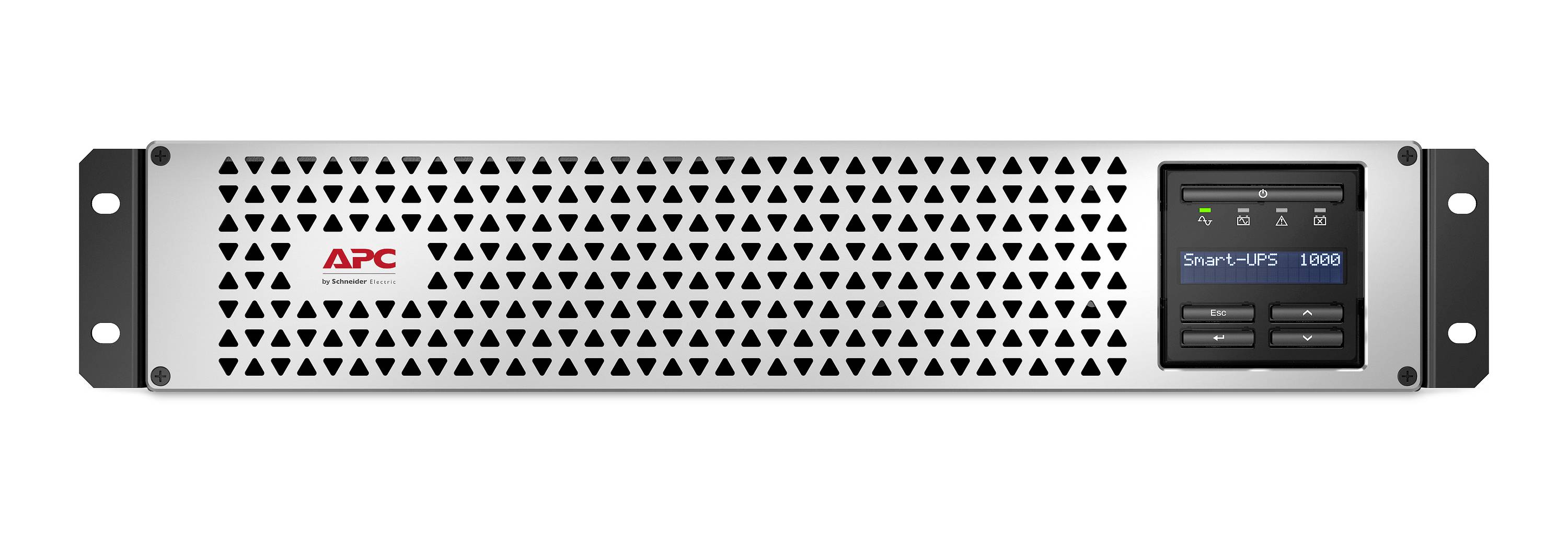 Az APC Smart-UPS 1500 rack-szerelésű szünetmentes tápegység elölnézete, lyukacsos ezüst homloklappal, fekete oldalsó fogantyúkkal és egy kis állapotjelző kijelzővel a jobb oldalon.