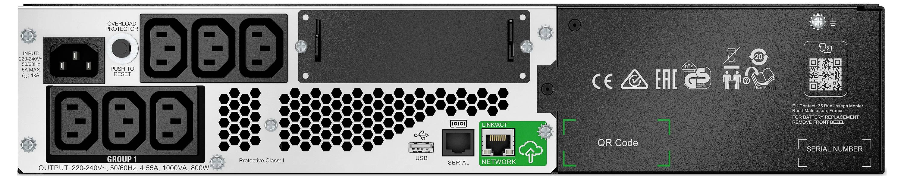 Szerver tápegység hátsó oldala több AC aljzattal, szellőzési ráccsal, ethernet portokkal és nyomtatott QR kóddal/sorozatszám címkével.