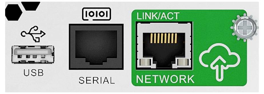 Összekötő diagram, amely USB, soros és hálózati portokat mutat, a hálózati port zöldben kiemelve, és "LINK/ACT" és "NETWORK" felirattal ellátva.
