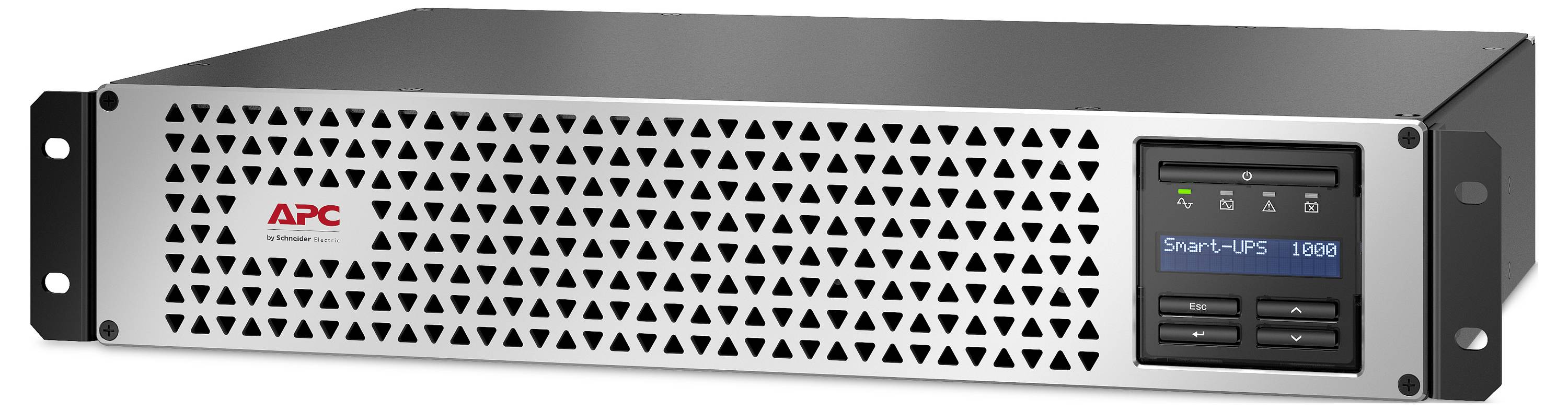 Az APC Smart-UPS 1000 rack-szerelésű szünetmentes tápegység elölnézete, perforált ezüst előlappal és kis állapotjelző kijelzővel.