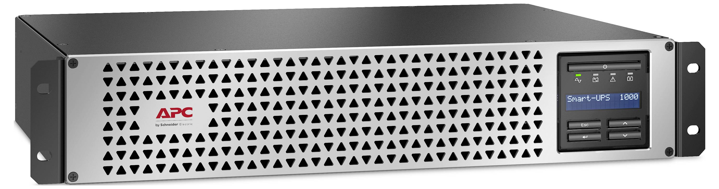 APC Smart-UPS 1000 rackszerelt szünetmentes tápegység elülső kijelzővel és kezelőgombokkal fehér háttéren