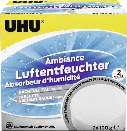 UHU Ambiance újratölthető levegő-páramentesítő doboz, „Luftentfeuchter" és „Absorbeur d'humidité" felirattal, 2 tablethoz, 2 x 100 g.