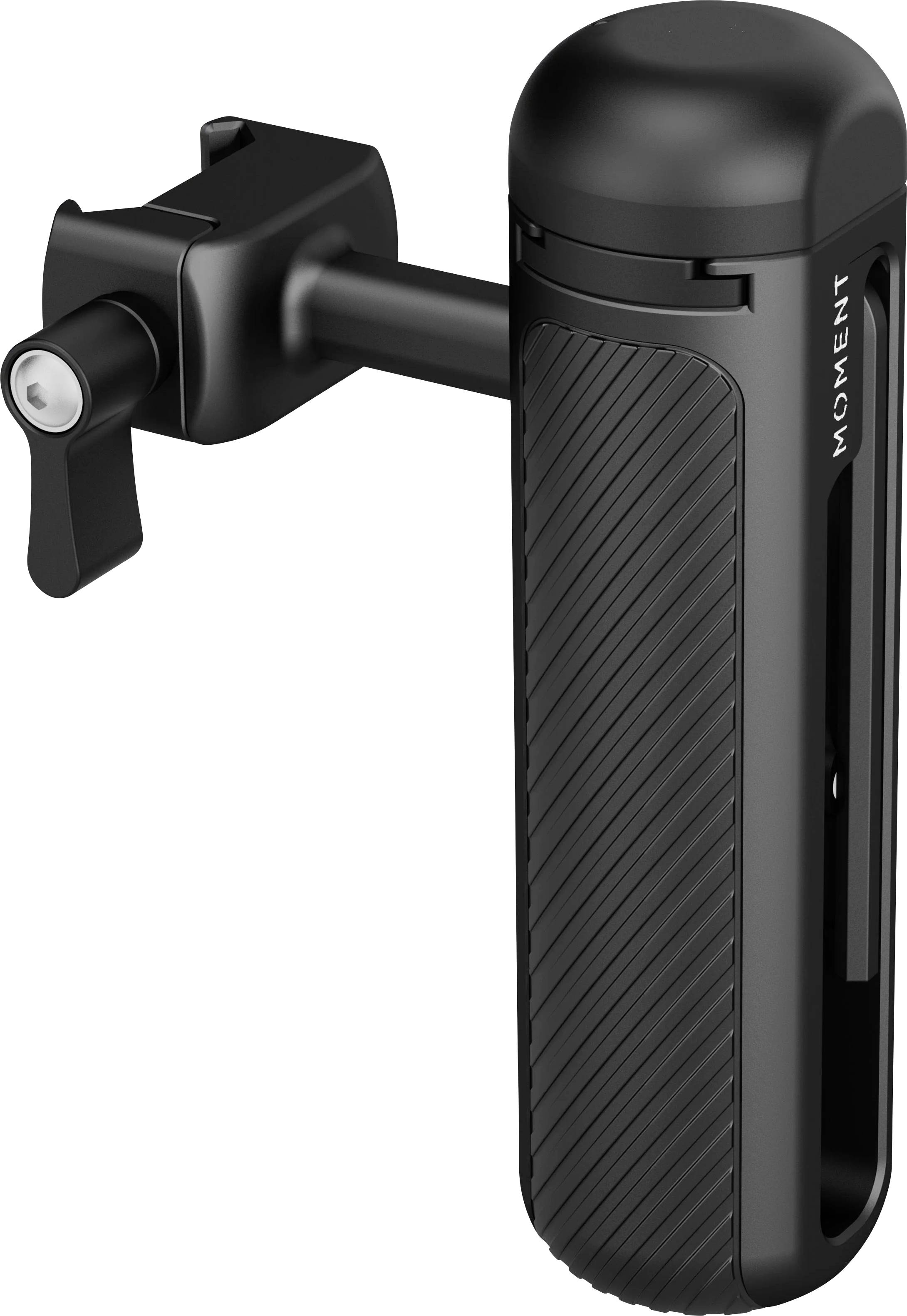 Fekete kézi kamera tripod fej rögzítő állítható szorítóval és "MOMENT" márkajelzéssel.