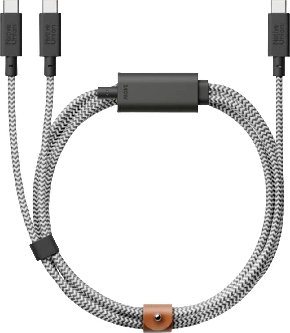 Szürke fonott USB-C kábel fekete csatlakozókkal, központi beépített modulussal és bőrszerű pánttal feltekeredve, fehér háttéren.