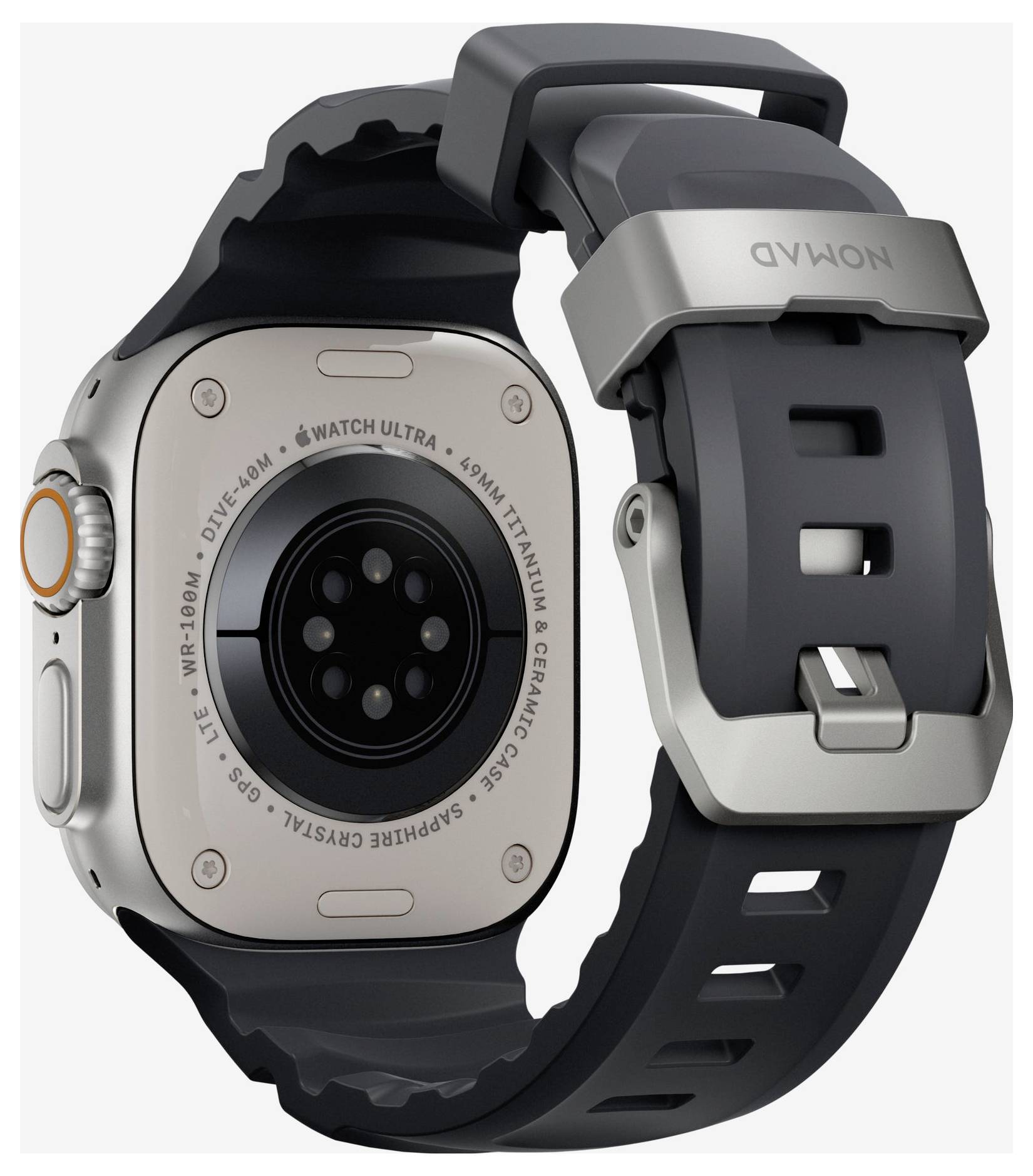 Az Apple Watch Ultra hátsó nézete fekete masszív szíjjal, amely megjeleníti az érzékelőket és a titániumváz.