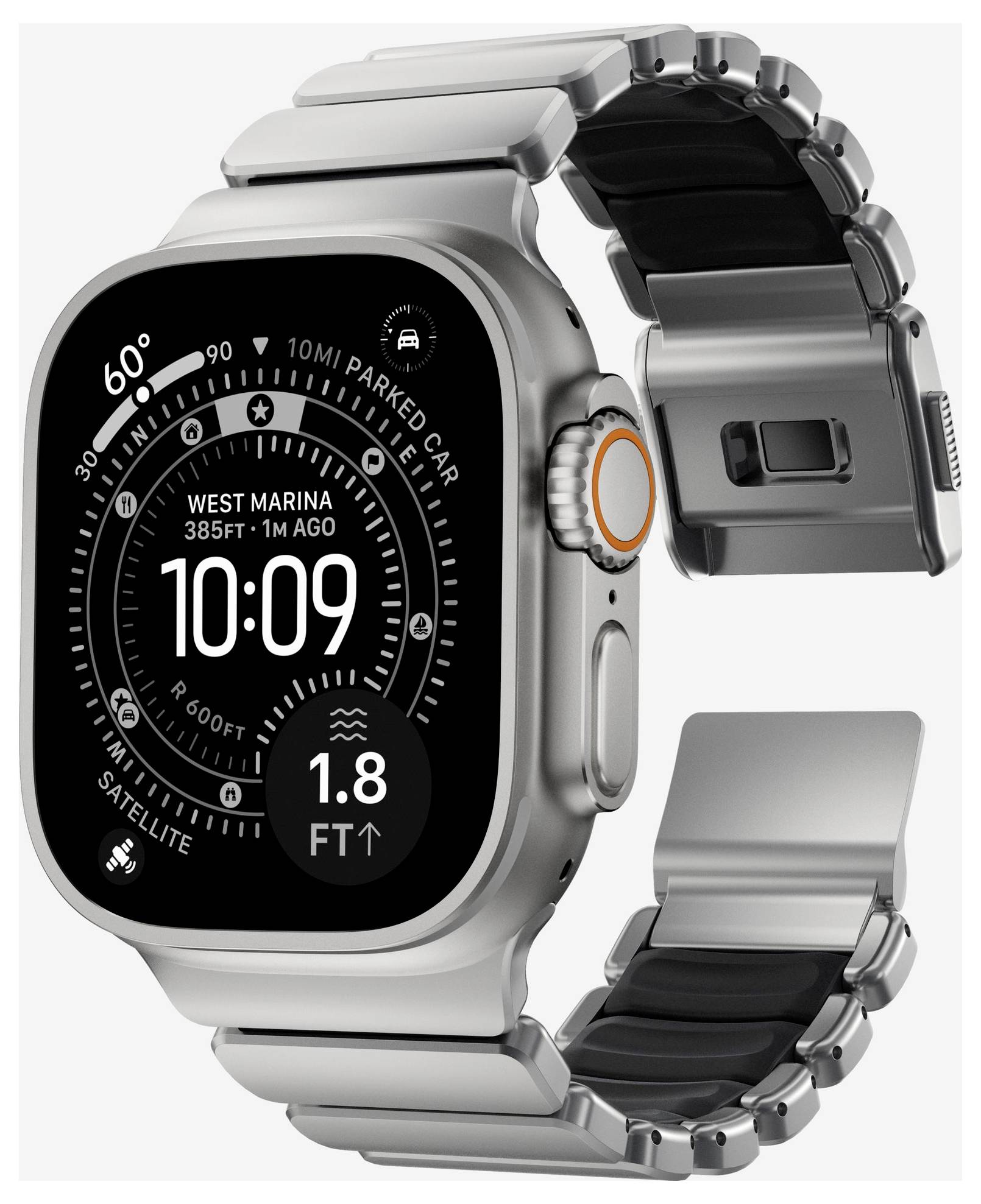 Ezüst Apple Watch fém szemes szíjjal, iránytű/navigációs számlapot megjelenítve 10:09 időpont, 60° és 1,8 ft kijelzésekkel.