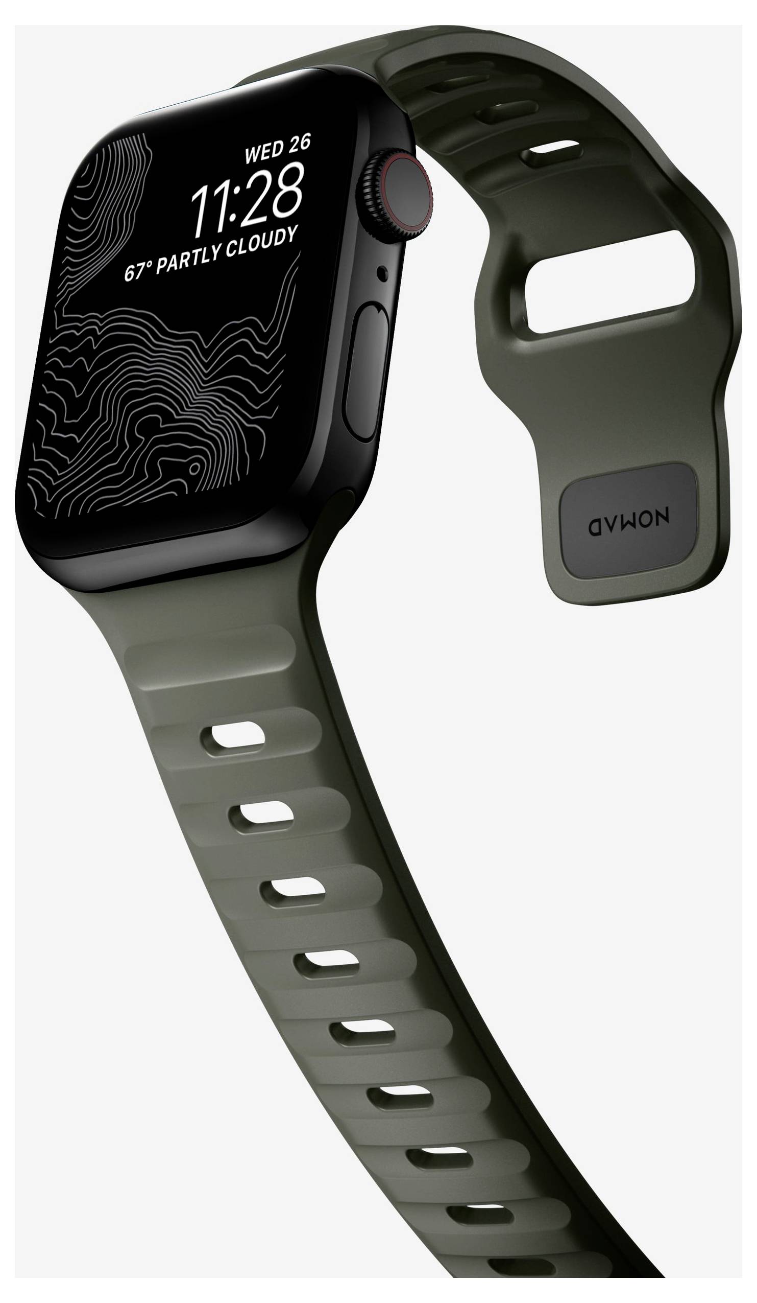 Fekete smartwatch olajzöld sport szíjjal, amely 11:28-at, szerdát 26-ot és 67° részben felhős időt mutat a kijelzőn.