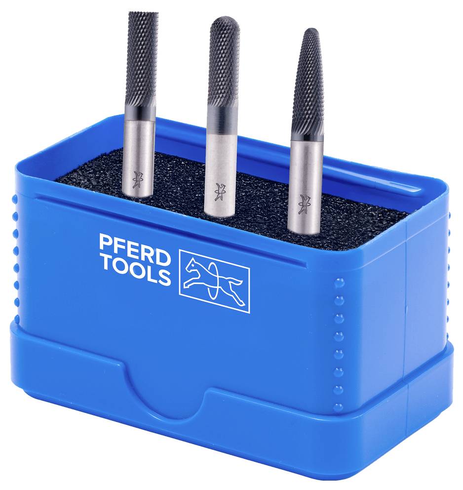 Kék PFERD TOOLS tartó három fém forgó csiszolóval, függőlegesen elhelyezve habban, fehér háttéren.